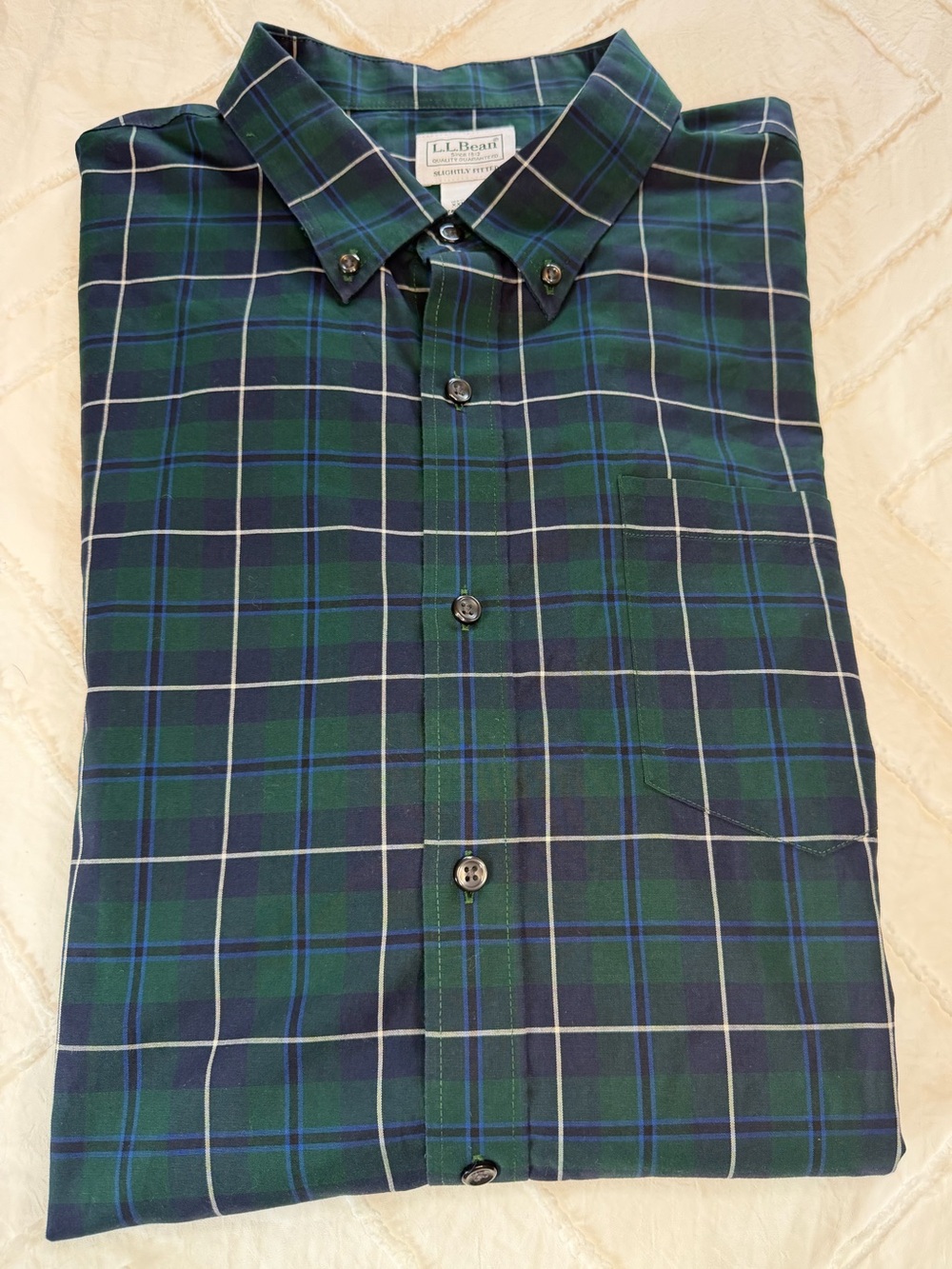 L.L. Bean Button Up Green Blue Plaid Shirt Mens XXL TALL Slightly Fitted